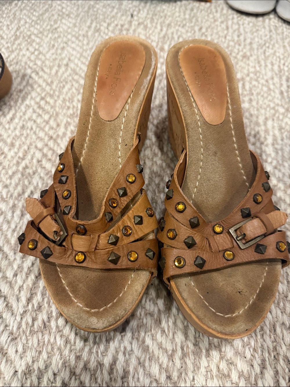 Isabella Fiore Tan Studded Leather Wedge Mules